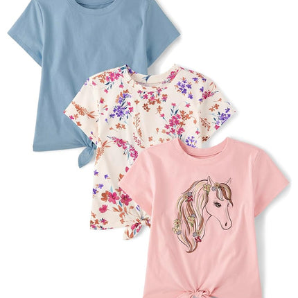 The Children's Place Short Sleeve Tie Front Top, Horse/Blue/Daisy 3-Pack, Small