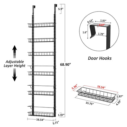 Churboro Over the Door Pantry Organizer Rack with 6 Adjustable Baskets, 6 Tiers Dual-use Spice Rack- Hanging or Wall Mount Spice Rack, Pantry Door Organizer, Black