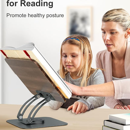 Tounee Book Stand for Reading, Adjustable Book Holder with 360° Swivel Base, Foldable Cookbook Stand Recipe Book Holder with Elastic Page Clips for Music Scores, Recipe, Magazines, Laptop