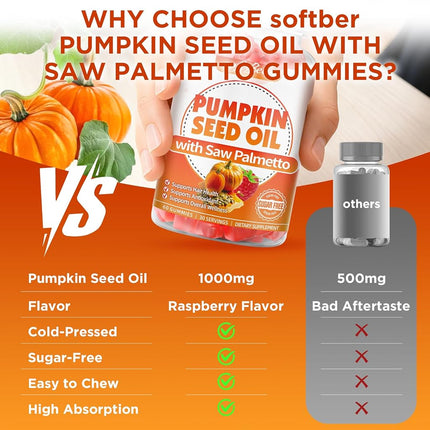 softbear Pumpkin Seed Oil Gummies, Organic Pumpkin Seed Oil Supplement with Saw Palmetto for Hair Growth & Skin Health, Cold Pressed/Suagr-Free, Raspberry Flavor 120 Count