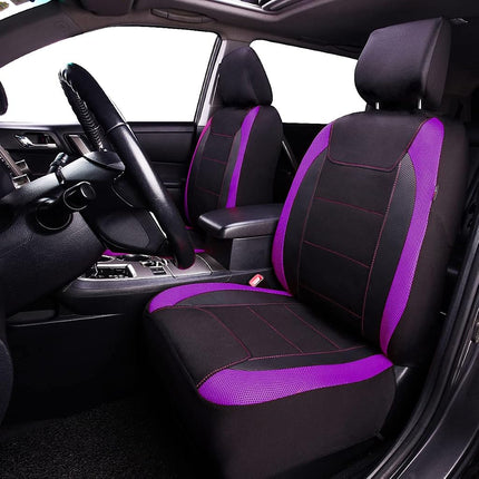 Flying Banner car seat Covers Quality Carbon Fiber Air Mesh Fabric Sport Low High Back Bucket Back Pocket Arm Rest (2 Fronts - Low Bucket, Purple)