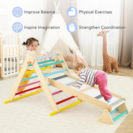 OLAKIDS Pikler Triangle Set 7 in 1 Climbing Toys for Toddlers Foldable Baby Wood Montessori Jungle Gym with Angle Adjustable Ladder Seesaw Ramp Indoor Playground (Colorful)