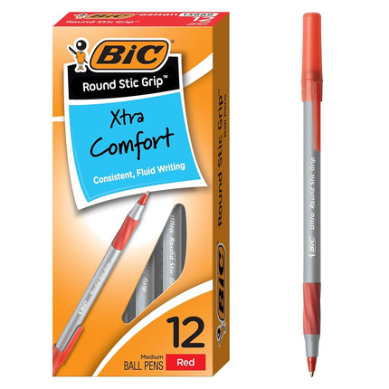 BIC Round Stic Grip Xtra Comfort Ballpoint Pen, Medium Point (1.2mm), Red, 12-Count