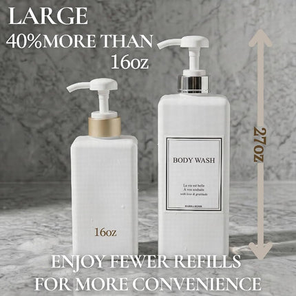 HARRA HOME Modern Gold Design Pump Bottle Set 27 oz Refillable Shampoo and Conditioner Dispenser Empty Shower Plastic Bottles with Pump for Bathroom Lotion Body wash, Pack of 3 (White & Silver)