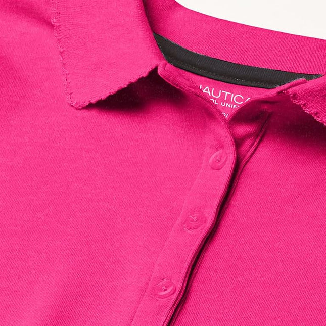 Nautica Girls' School Uniform Short Sleeve Polo Shirt, Button Closure, Soft Pique Fabric, Hot Pink, 8-10
