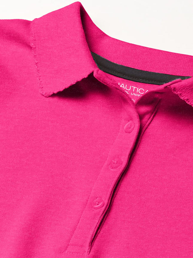 Nautica Girls' School Uniform Short Sleeve Polo Shirt, Button Closure, Soft Pique Fabric, Hot Pink, 16