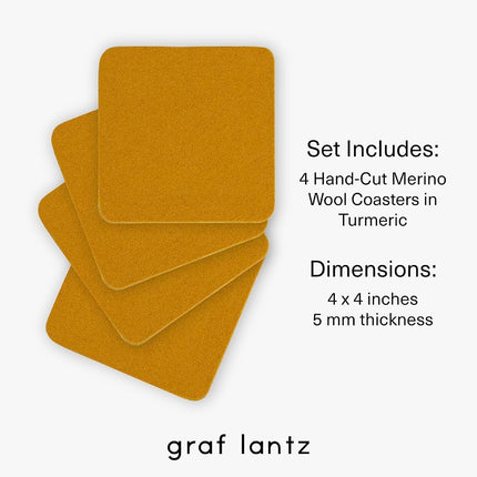 Graf Lantz - Bierfilzl Merino Wool Square Coasters Set of 4 - Turmeric (4"x4"x5mm) - Absorbs 30% of Weight, Natural German Wool - Heat Resistant, Sustainable, Reusable - Home Decor, Coffee Table Decor