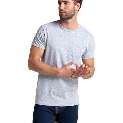 Fruit of the Loom Men's Tee Undershirts, Moisture Wicking & Tag Free, Short Sleeve Pocket T-Shirts, Black/Grey - 3 Pack - Pocket, XXL