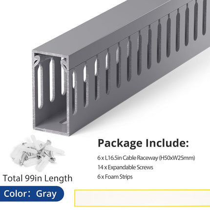ZhiYo H2in x W1in Server Rack Cable Management Raceway, 99in (6X L16.5in) Cable Raceway Kit, Electrically Safe PVC Open Slot Wire Cover, Cord Hider for Under Desk/Computer/Network Cords, Grey