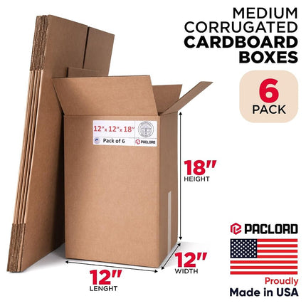 Tall Cardboard Boxes 12"L x 12"W x 18"H (Pack of 6) - USA-Made Packing Boxes for Moving, Shipping, or Storage - USPS, UPS, FedEx Approved - Professional Packing Supplies for Moving