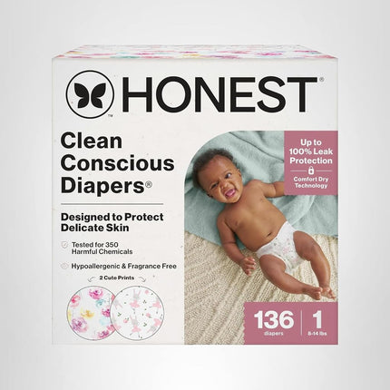 The Honest Company Pañales ecológicos Clean Conscious para pieles delicadas, hipoalergénicos sin fragancia, hasta 100 % a prueba de fugas, estampados de niña, caja Club, talla 1 (8–14 lb), 78 unidades (los estampados pueden variar)