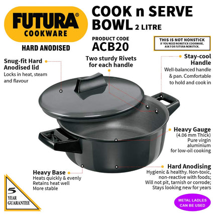 Hawkins Cook-N-Serve Hard Anodised Bowl, 2 Litre Capacity