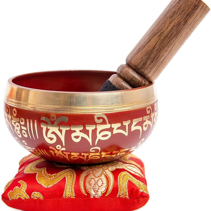 Tibetan Singing Bowl Set - Easy To Play for Beginners - Authentic Handcrafted Mindfulness Meditation Holistic Sound 7 Chakra Healing Gift by Himalayan Bazaar (Crimson)