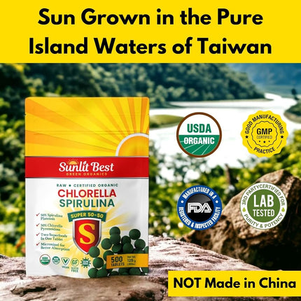 Spirulina Chlorella Cracked Cell Wall Super 50-50 Super-Pack 500 Tablets - Raw Organic Gluten-Free Non-GMO Green Superfood. High Protein, Chlorophyll & nucleic acids. No preservatives, No fillers