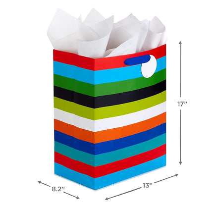 Hallmark 17" Extra Large for Birthdays, Graduations, Baby Showers, Father's Day, Kids, Adults Gift Bag with Tissue Paper, Jumbo, Multicolor Rainbow Stripes