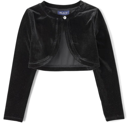 The Children's Place Girls' Long Sleeve Shrug Cardigan, Black Velour, Large