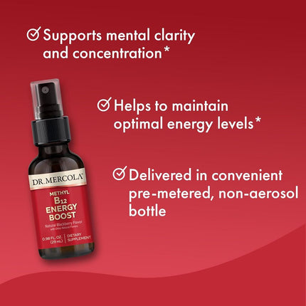 Dr. Mercola Methyl B12 Energy Boost Spray, 0.98 Fl. Oz. (29 mL), 39 Servings, 1,000 mcg Per Serving, Dietary Supplement, Non-GMO