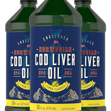 Carlyle Cod Liver Oil Liquid | 16 fl oz | Pack of 3 Bottles | Lemon Flavor | Norwegian | Non GMO, Gluten Free