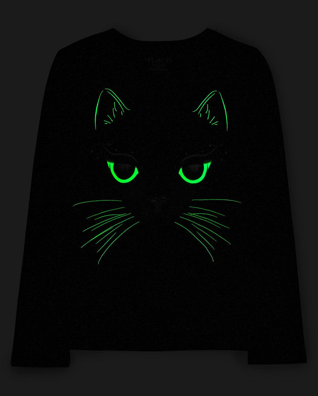 The Children's Place T-shirts graphiques à manches longues pour filles, toutes fêtes, lots multiples, lot de 2 imprimé chat noir/gribouillis Halloween, M