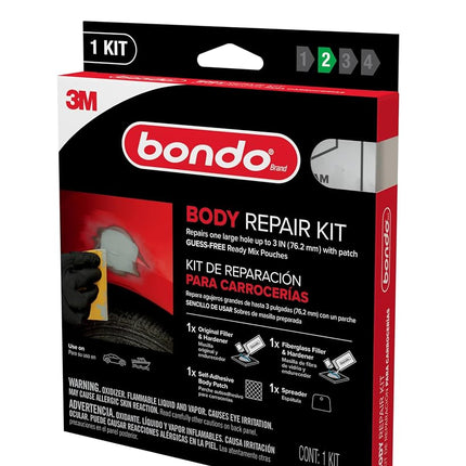 Bondo Body Repair Kit Ready Mix Pouches, Repairs One Large Hole Up to 3" with Patch, 1 Original Filler & Hardener, 1 Fiberglass Filler & Hardener, 1 Self-Adhesive Body Patch, 1 Spreader (BRKIT-2PK-ES)