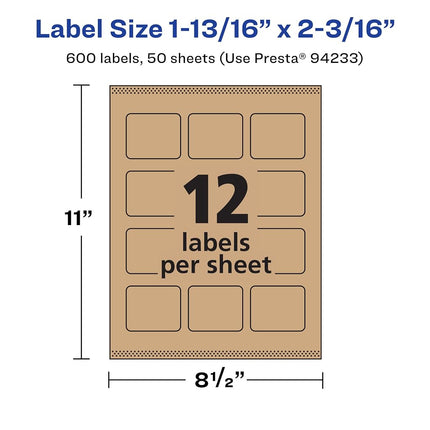 Avery Kraft Brown Rectangle Labels with Sure Feed, 1-13/16" x 2-3/16", 600 Kraft Brown Labels, Print-to-The-Edge, Laser/Inkjet Printable Labels