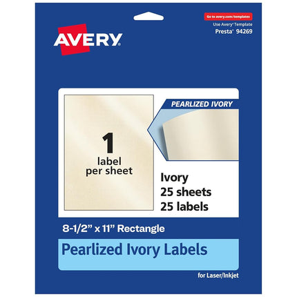 Avery Pearlized Ivory Rectangle Labels, 8.5" x 11", 25 Pearlized Ivory Labels, Laser/Inkjet Printable Labels
