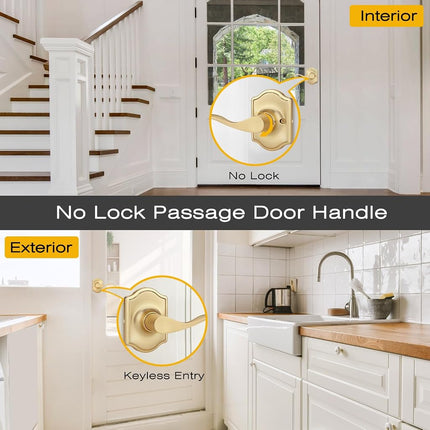 EHOMEWARE 1 Pack Interior Gold Door Handles, Keyless Closet Door Knobs, Passage Door Knobs No Lock, Wave Style Lever Door Handle, Reversible for Left/Right Handed Doors, Satin Brass Finish