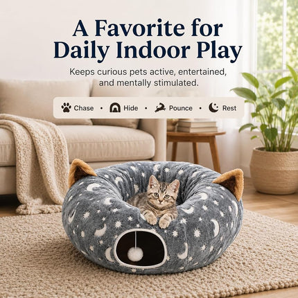 LUCKITTY Cat Tunnel Bed Under Christmas Tree with Plush Ball Toy Playground Crinkle Collapsible Self-Luminous Flannel Fabric 3FT for Large Cats Kittens Kitty Small Animals Puppy Grey Moon Star
