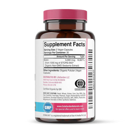 USDA Organic Whole Food Biotin Supplement, Made with Plant-Based Biotin from Sesbania Agati Trees, by SolaGarden Naturals, 60 Non-GMO Vegan Capsules, Supports Hair, Skin, and Nails, Made in USA