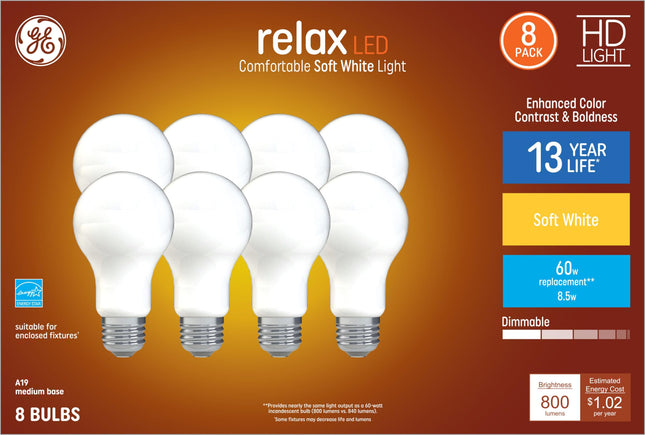 GE Relax 8-Pack 60 W Equivalent Dimmable Soft Whit