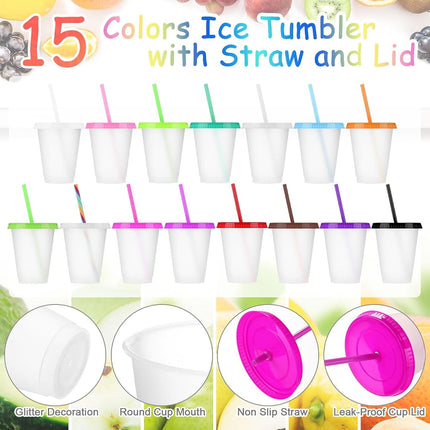 Sieral Cups with Straws and Lids Kids Tumbler with Straw Reusable Water Bottle Iced Coffee Travel Mug Adults Plastic Cups for Parties 16 oz(Lovely Colors,15 Pack)