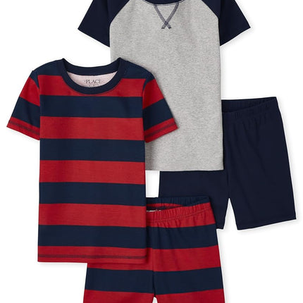 The Children's Place Boy's Sleeve Top and Shorts Snug Fit 100% Cotton 2 Piece Pajama Sets, Plain/Stripe Tidal, 12 (Pack of 2)