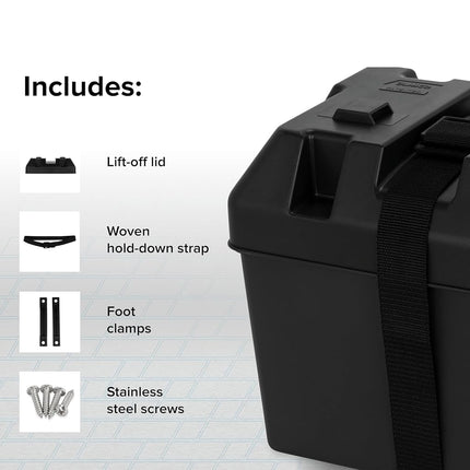 Camco Large Battery Box with Straps and Hardware - Group 27, 30, 31 |Safely Stores RV, Automotive, and Marine Batteries | Measures Inside 7-1/4" x 13-1/4" x 8-5/8" | (55373), Black
