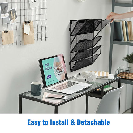 BOHDK Wall File Organizer 5 Pockets, Mail Organizer, Hanging Folder Holder, Foldable | Hanging or Wall Mounted | Label Panel | 2 Hooks | Office Home School Organizer, Black