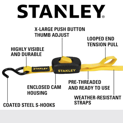 STANLEY S2002 Black/Yellow 1" x 10' Enclosed Cam-buckle Tie Down Straps - 400 lb Safe Working Load / 1,200 lb Break Strength, 4 Pack