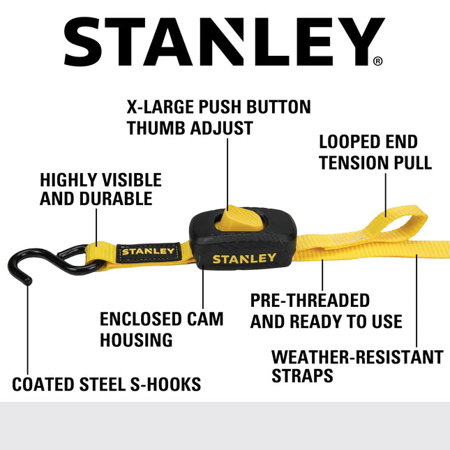 STANLEY S2002 Black/Yellow 1" x 10' Enclosed Cam-buckle Tie Down Straps - 400 lb Safe Working Load / 1,200 lb Break Strength, 4 Pack