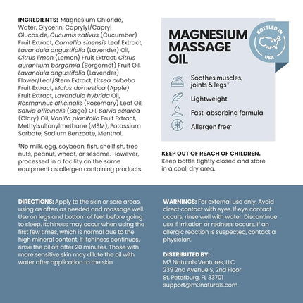 Magnesium Massage Oil for Sore Muscles, Feet, Joints and Leg Cramps, Helps with Sleeping and Post-Workout Recovery, for Sensitive Skin, 8 fl oz by M3