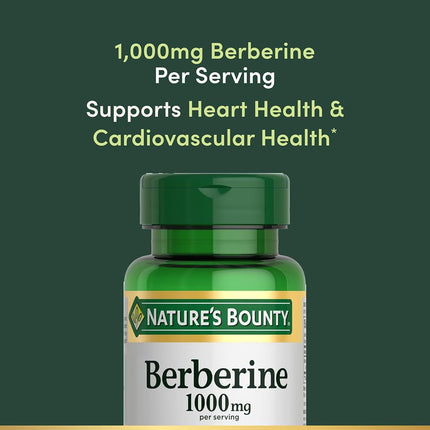 Nature's Bounty 1000mg Berberine Herbal Health Capsules Support Heart and Cardiovascular Health, Help Maintain Healthy Cholesterol, Triglyceride, and Blood Sugar Levels, 60 Capsules