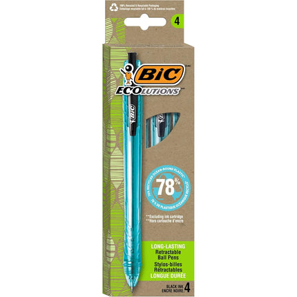 BIC Ecolutions Ocean-Bound Ball Pens, Medium Point (1.0mm), 4-Count Pack, Blue Ink Pens Made from 78% Ocean-Bound Recycled Plastic