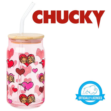 Silver Buffalo Chucky and Tiffany V-Day Heads and Hearts 16oz Glass Tumbler with Bamboo Lid and Glass Straw