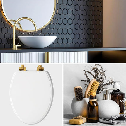 Mayfair 1826BGSL 000 Benton Toilet Seat with Brushed Gold Hinges Will Slow Close and Never Come Loose, Elongated, Durable Enameled Wood, White