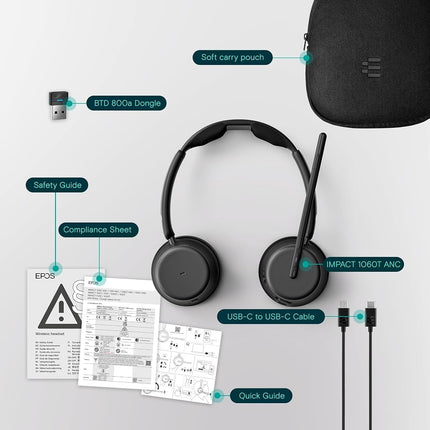 EPOS IMPACT 1060T ANC Adaptive Noise Cancelling Wireless Headset for PC with Active Noise Cancellation, EPOS AI Mic, Super Wideband Audio, Bluetooth, Wireless Charging, Microsoft Teams Certified