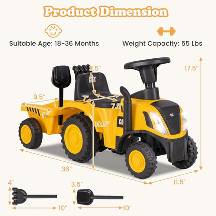Licensed Caterpillar Ride on Tractor by OLAKIDS, 2 in 1 Ride on Push Car with Detachable Trailer, Headlight, Horn, Rake, Shovel, Foot to Floor Walker Toy Sliding Truck for Kids Toddler