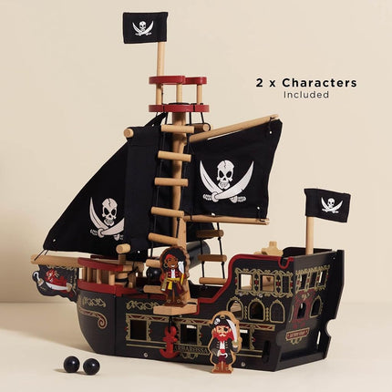 Le Toy Van - Wooden Educational Pirates Collection Barbarossa Pirate Ship With Cannon, Cannon Balls, Plank, Trap Door and Anchor | Pretend Play Pirate Toys, Black, Medium