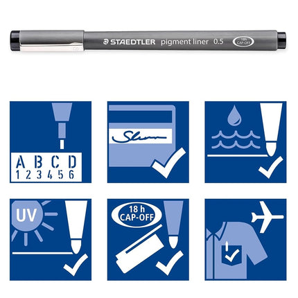STAEDTLER Pigment Liner Pack, Black, 3 Pens, Assorted Line Widths 0.05mm/0.2mm/0.8mm, 308-9SBK3