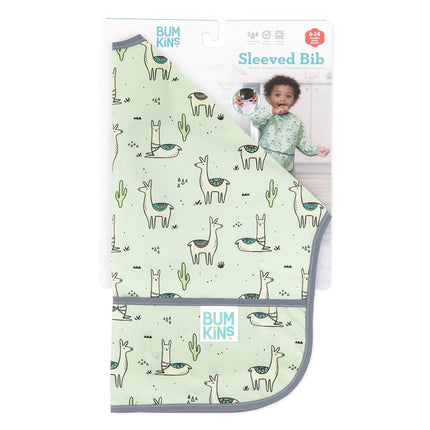 Bumkins Sleeved Bib, Handy Tie Closure for Custom Fit, Catch-All Pocket, Baby-Led Weaning, Waterproof, Machine Washable, Stain & Odour Resistant, BPA Free, 6-24 Months, Llama Design