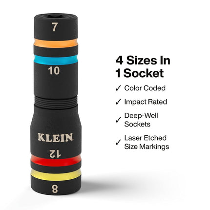 Klein Tools 651MQS Impact-Rated Quad Socket Set, 4-in-1 Flip Socket Driver, Color-Coded, Heavy-Duty Multi Tool, 1/4-Inch Drive, Metric 7mm, 8mm, 10mm, 12mm, 3-1/2-Inch Extension Shaft
