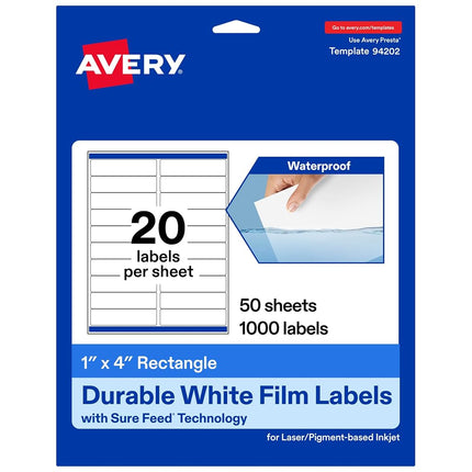 Avery Waterproof Rectangle Labels with Sure Feed, 1" x 4", 1,000 White Labels (36552)