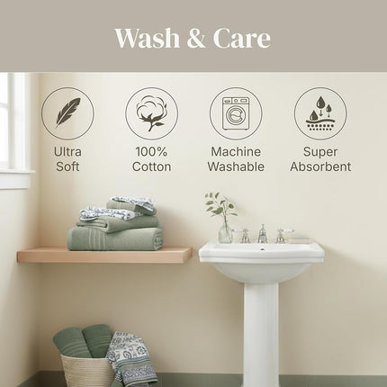 Modern Threads 6 Piece Set, 2 Bath Towels, 2 Hand Towels, 2 Washcloths Yarn Dyed Jacquard/Solid Towel Set Ophelia Dark Sage