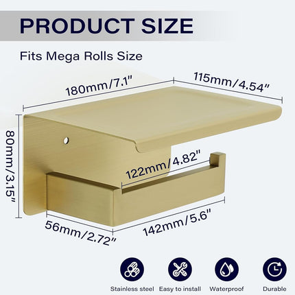Alise Toilet Paper Holder,Bathroom Tissue Holder with Shelf,SUS304 Stainless Steel Toilet Paper Roll Holder Storage Dispenser,Self Adhesive or Wall Mount Drilling Paper Rack, Gold GYT5000-G